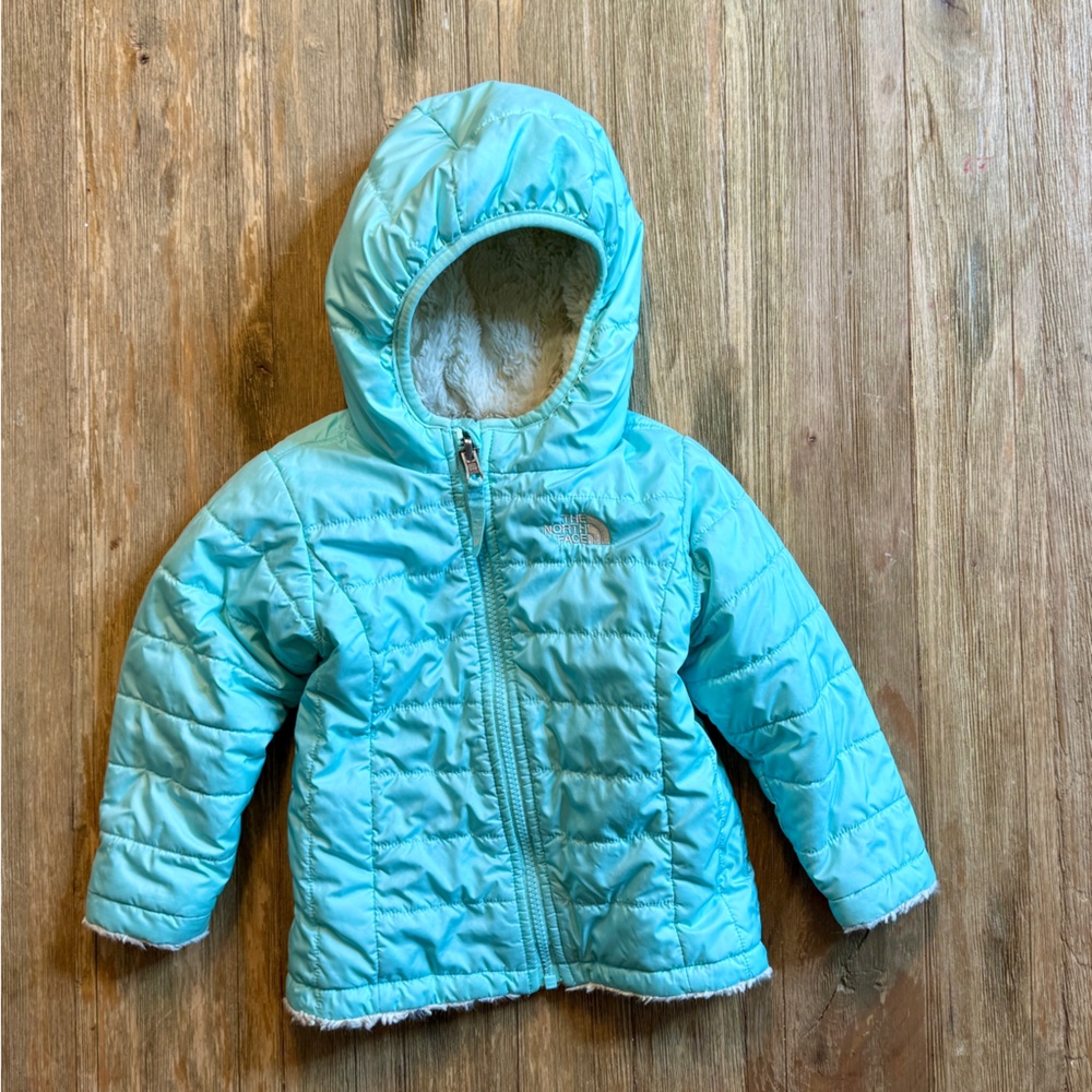 The North Face Teal Aqua Puffer Jacket Coat Faux Fur Lining Reversible 18-24